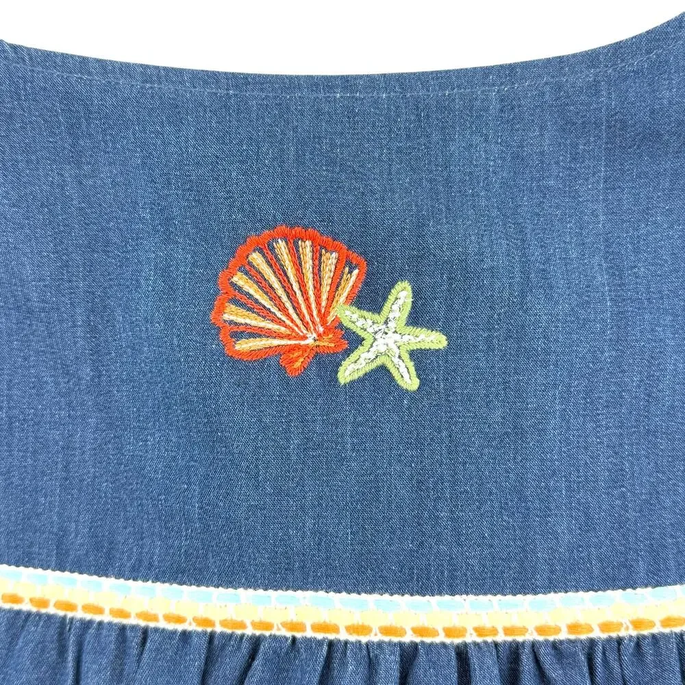 Go Softly Denim Embroidered Turtle Shell Patio Dress Sz XL Sea Life Full Zip - Picture 7 of 10